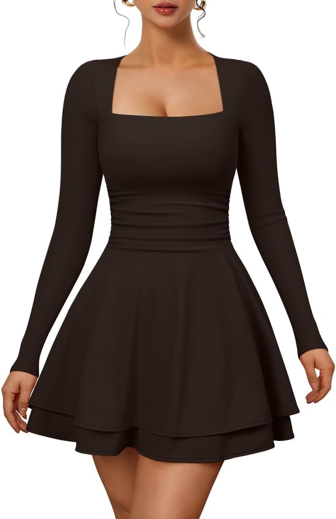 XXTAXN Womens Sexy Long Sleeve Square Neck Flowy Hem Mini Dress | Ruched High Waist Party Cocktail Semi Formal Graduation Homecoming Christmas Valentines Church Dress With Side Pocket