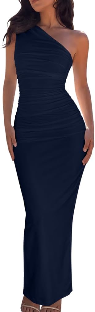 XXTAXN Womens Sexy Weeding Guest One Shoulder Split Comfy Maxi Dress | Elegant Sleeveless Party Ruched Bodycon Curve