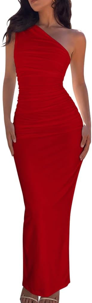 XXTAXN Womens Sexy Weeding Guest One Shoulder Split Comfy Maxi Dress | Elegant Sleeveless Party Ruched Bodycon Curve