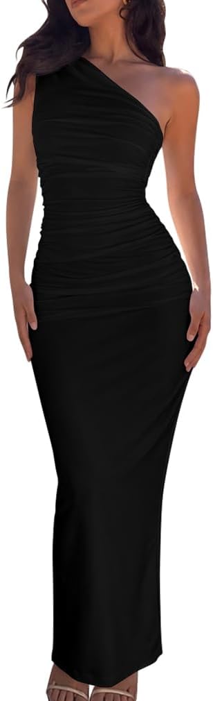 XXTAXN Womens Sexy Weeding Guest One Shoulder Split Comfy Maxi Dress | Elegant Sleeveless Party Ruched Bodycon Curve