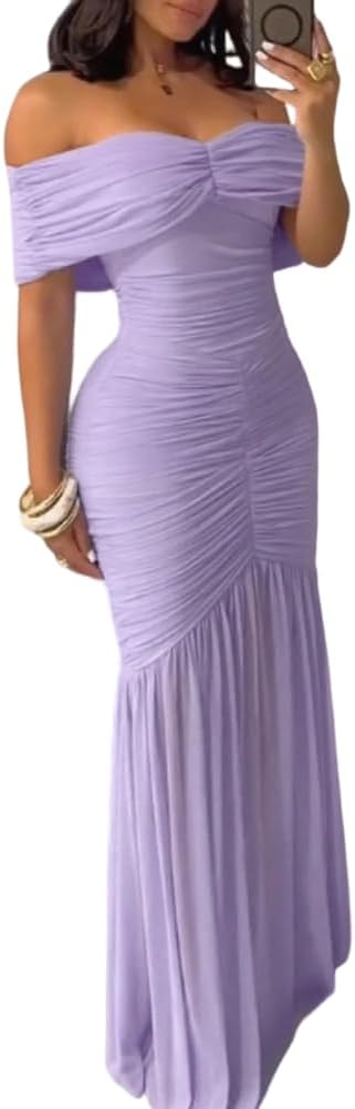 Ninimour Women's Off Shoulder Ruched Maxi Dress | Flattering Mermaid Silhouette, Soft & Stretchy Lightweight Fabric, Ideal for Wedding, Party & Cocktail