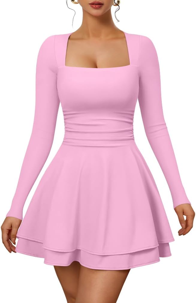 XXTAXN Womens Sexy Long Sleeve Square Neck Flowy Hem Mini Dress | Ruched High Waist Party Cocktail Semi Formal Graduation Homecoming Christmas Valentines Church Dress With Side Pocket