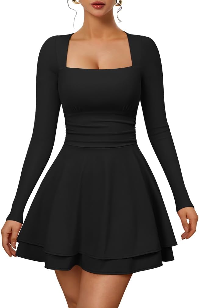 XXTAXN Womens Sexy Long Sleeve Square Neck Flowy Hem Mini Dress | Ruched High Waist Party Cocktail Semi Formal Graduation Homecoming Christmas Valentines Church Dress With Side Pocket