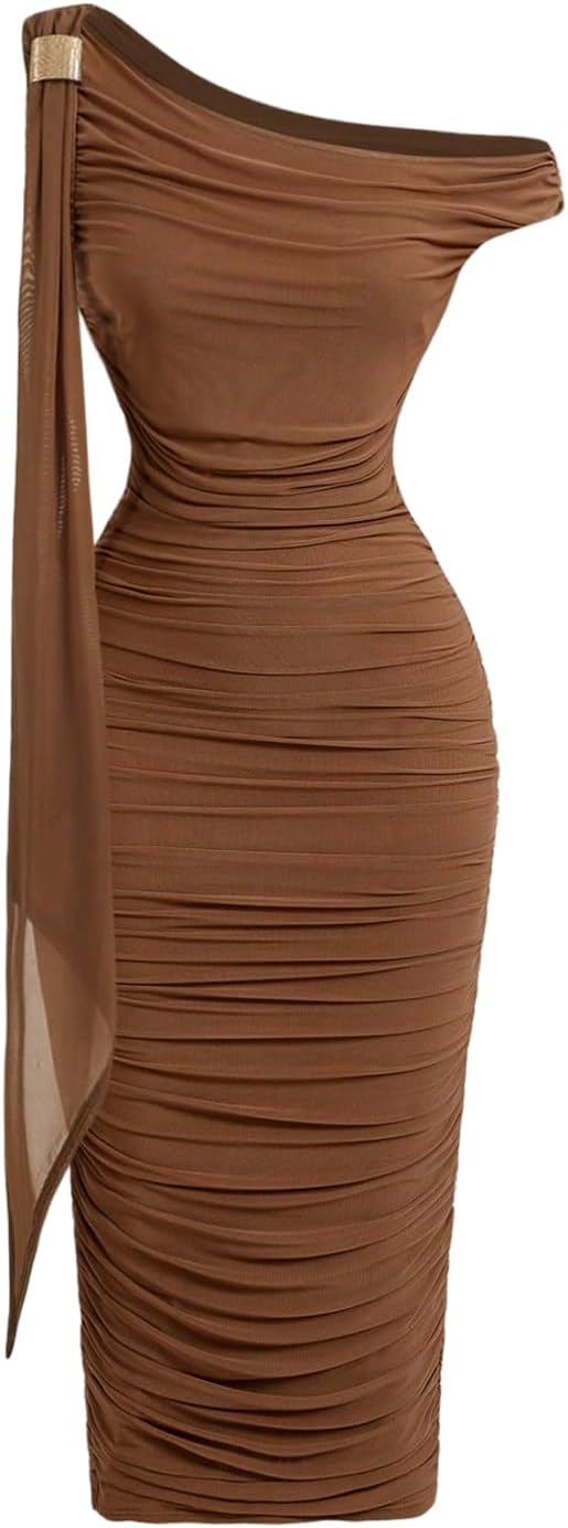 Floerns Women's Elegant Off The Shoulder Midi Dress Metal Sleeveless Ruched Slim Fit Bodycon Party Dresses