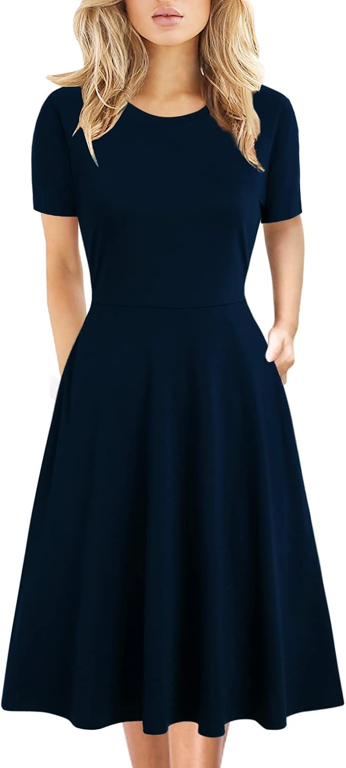 Women's Elegant Knee Length Dresses Vintage Summer Office Casual Floral Print Work Party A-Line Swing Dress with Pockets 162