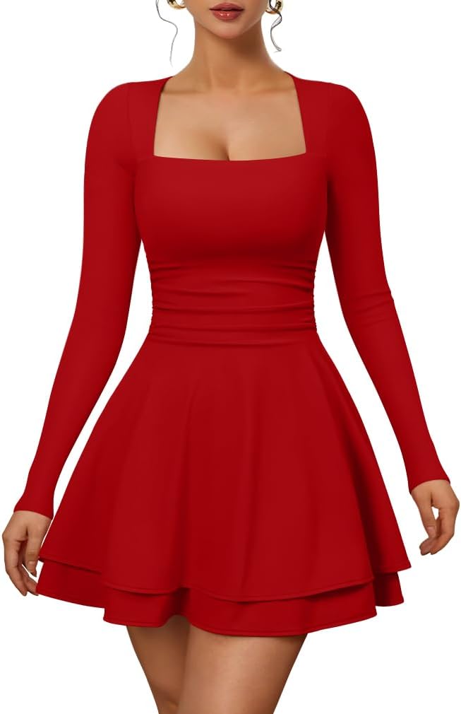 XXTAXN Womens Sexy Long Sleeve Square Neck Flowy Hem Mini Dress | Ruched High Waist Party Cocktail Semi Formal Graduation Homecoming Christmas Valentines Church Dress With Side Pocket