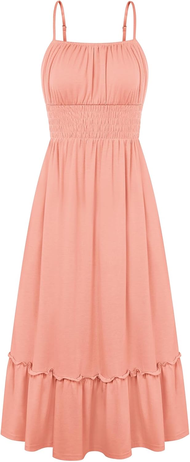 GRACE KARIN Women's Summer Maxi Dresses 2026 Beach Vacation Dress | Casual, Smocked Waist, Spaghetti Strap, Sleeveless, Boho Sundress With Pockets, Trendy Fashion Outfits