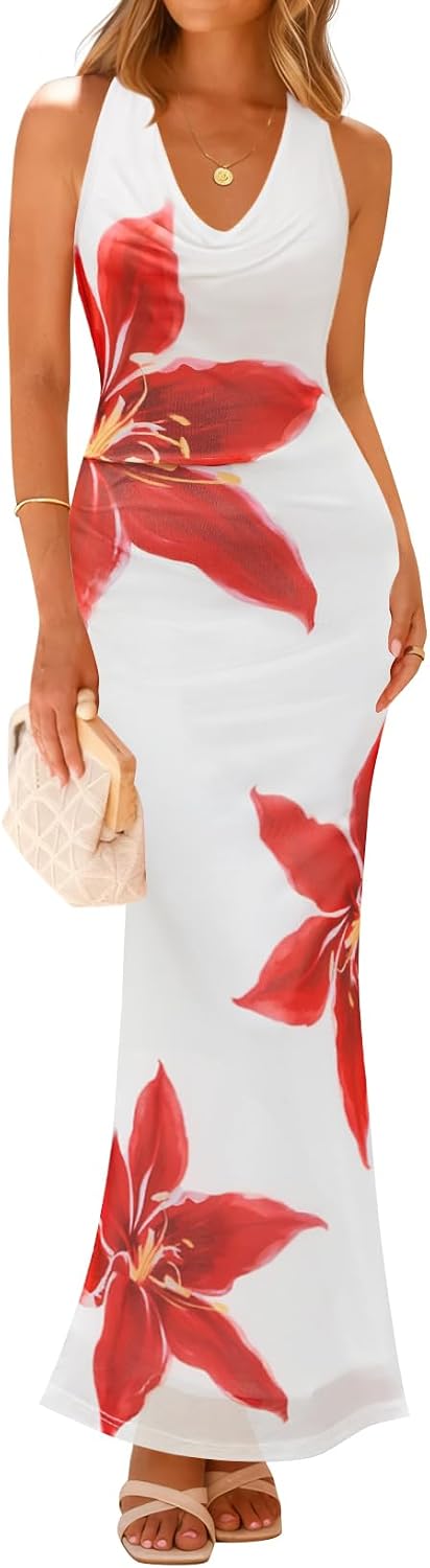 ZESICA Women's Summer Floral Halter Neck Sleeveless Maxi Dress | Elegant Backless Bodycon Long Dresses, Wedding Guest Cocktail Party Vacation Beach Dresses, 2026 Fashion Sundress