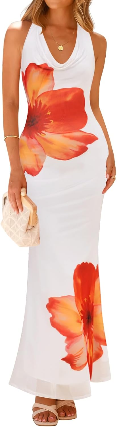 ZESICA Women's Summer Floral Halter Neck Sleeveless Maxi Dress | Elegant Backless Bodycon Long Dresses, Wedding Guest Cocktail Party Vacation Beach Dresses, 2026 Fashion Sundress