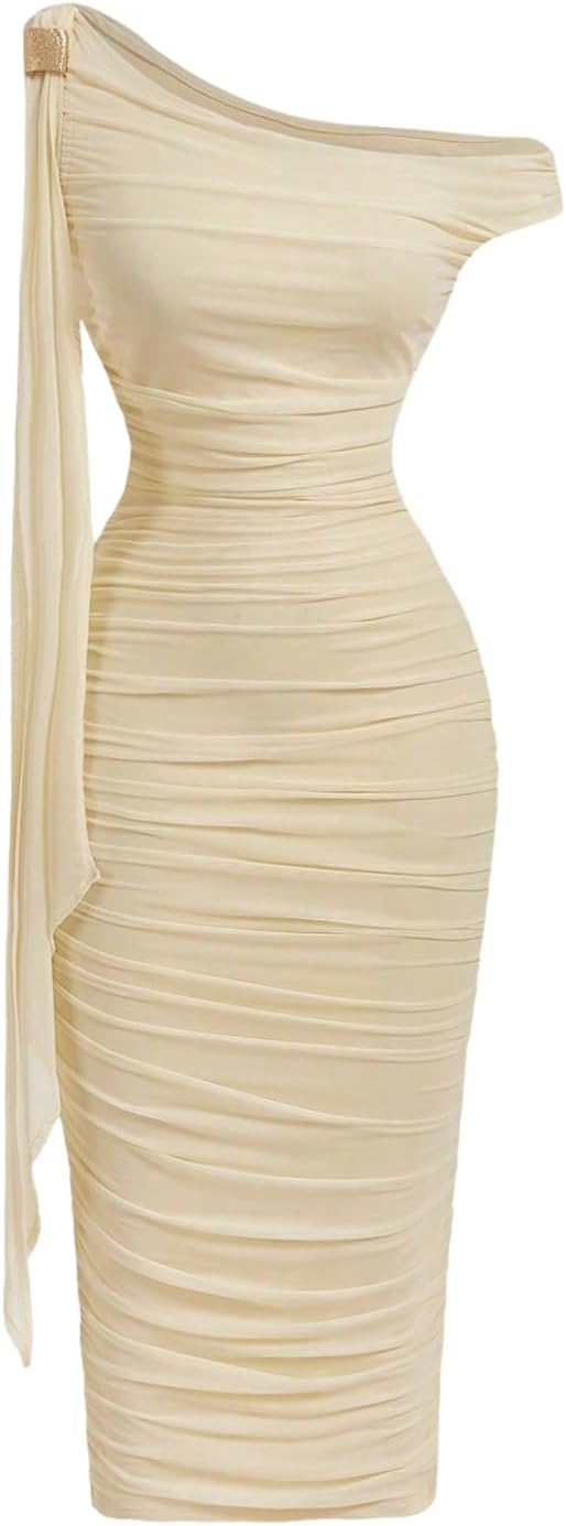 Floerns Women's Elegant Off The Shoulder Midi Dress Metal Sleeveless Ruched Slim Fit Bodycon Party Dresses