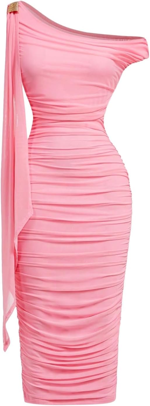 Floerns Women's Elegant Off The Shoulder Midi Dress Metal Sleeveless Ruched Slim Fit Bodycon Party Dresses