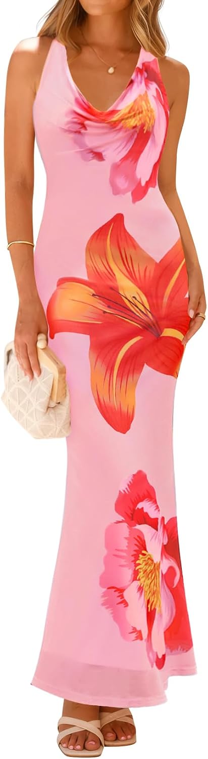 ZESICA Women's Summer Floral Halter Neck Sleeveless Maxi Dress | Elegant Backless Bodycon Long Dresses, Wedding Guest Cocktail Party Vacation Beach Dresses, 2026 Fashion Sundress