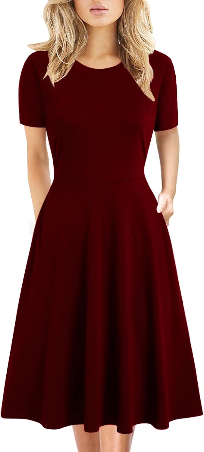 Women's Elegant Knee Length Dresses Vintage Summer Office Casual Floral Print Work Party A-Line Swing Dress with Pockets 162