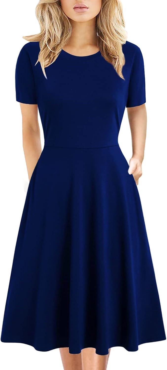 Women's Elegant Knee Length Dresses Vintage Summer Office Casual Floral Print Work Party A-Line Swing Dress with Pockets 162