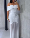 Ninimour Women's Off Shoulder Ruched Maxi Dress | Flattering Mermaid Silhouette, Soft & Stretchy Lightweight Fabric, Ideal for Wedding, Party & Cocktail