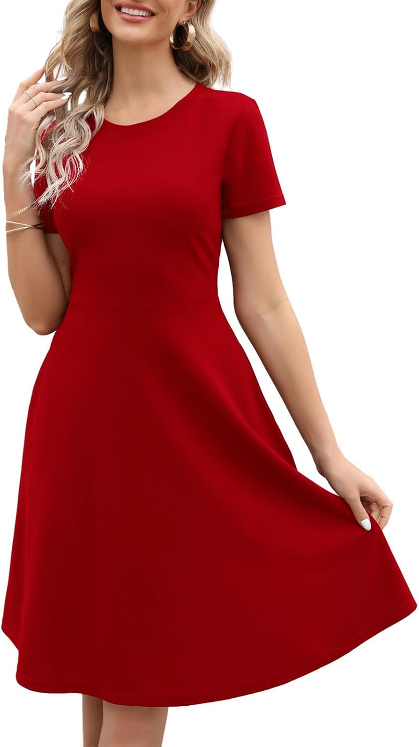Women's Elegant Knee Length Dresses Vintage Summer Office Casual Floral Print Work Party A-Line Swing Dress with Pockets 162