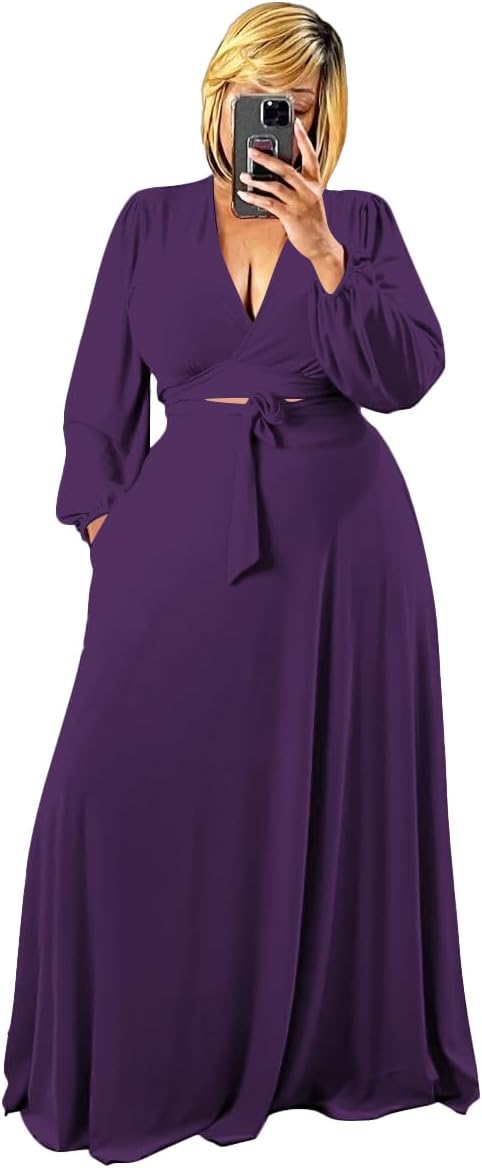 Plus Size Women's 2 Piece Outfits Casual Long Sleeve Wrap Crop Top Maxi Long Dress Flowy Matching Sets