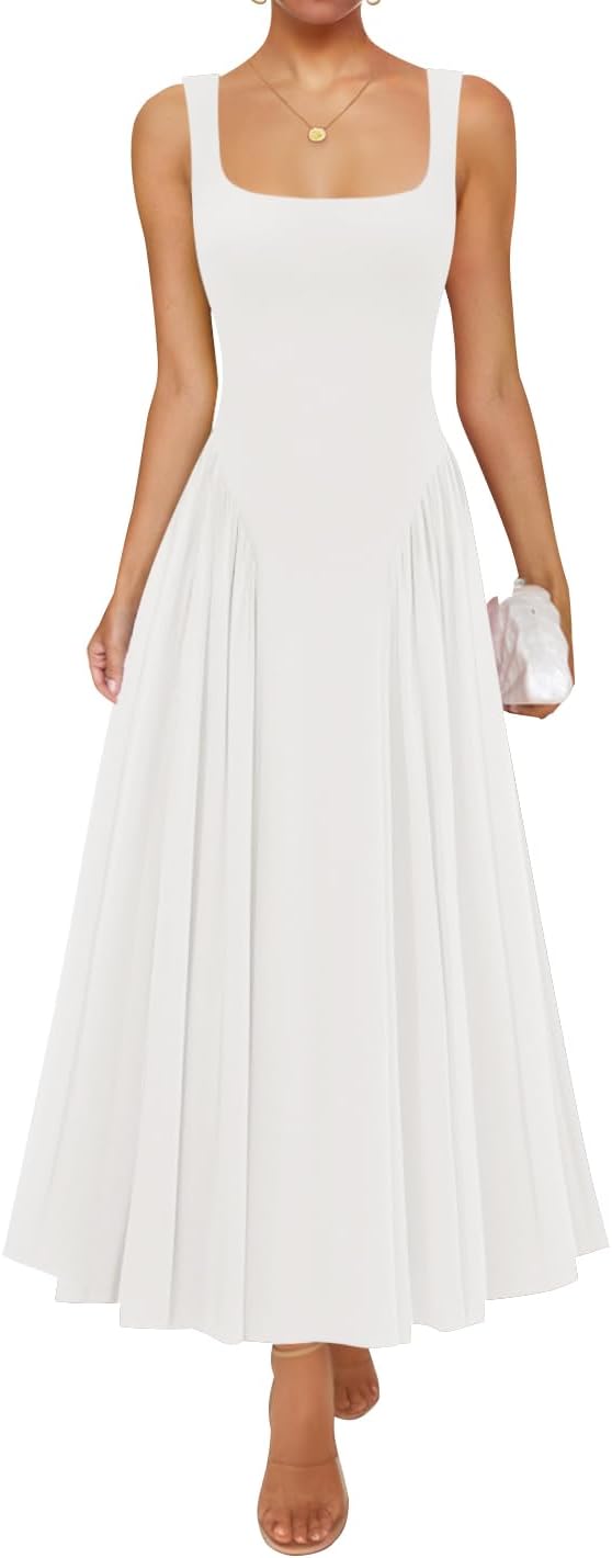 ZESICA Womens Summer Sleeveless Square Neck Vacation Sundress | Casual, A Line, Drop Waist, Beach Flowy, Maxi Dress, Elegant Formal, Wedding Guest, Cocktail Party