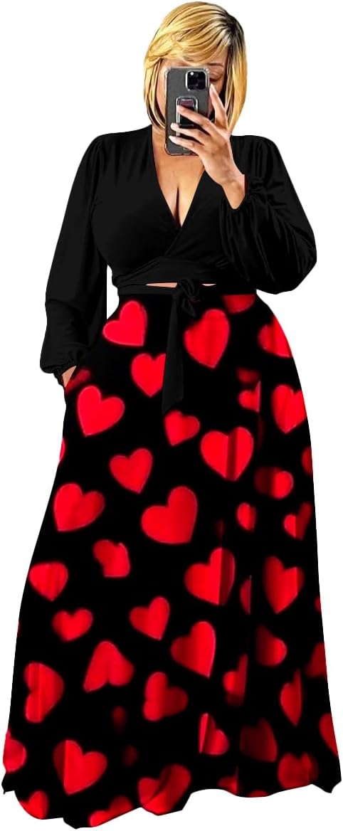 Plus Size Women's 2 Piece Outfits Casual Long Sleeve Wrap Crop Top Maxi Long Dress Flowy Matching Sets