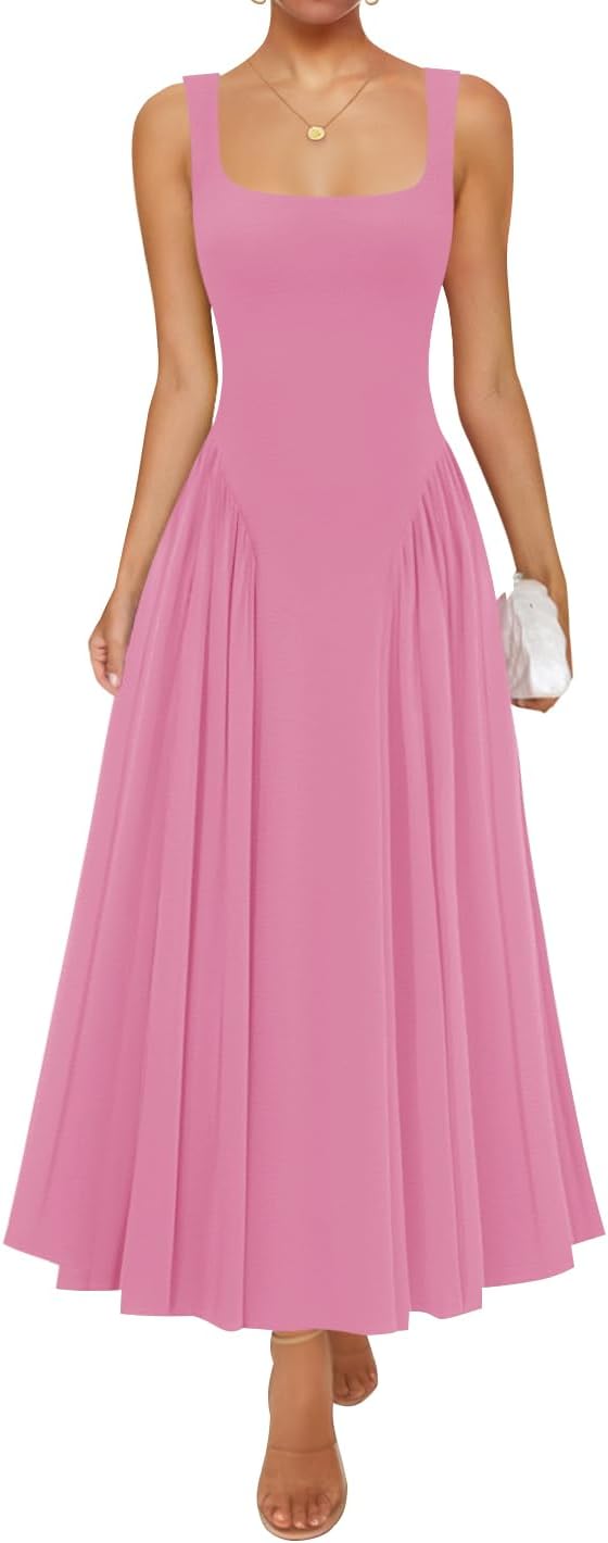ZESICA Womens Summer Sleeveless Square Neck Vacation Sundress | Casual, A Line, Drop Waist, Beach Flowy, Maxi Dress, Elegant Formal, Wedding Guest, Cocktail Party