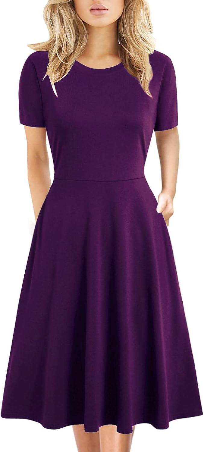 Women's Elegant Knee Length Dresses Vintage Summer Office Casual Floral Print Work Party A-Line Swing Dress with Pockets 162