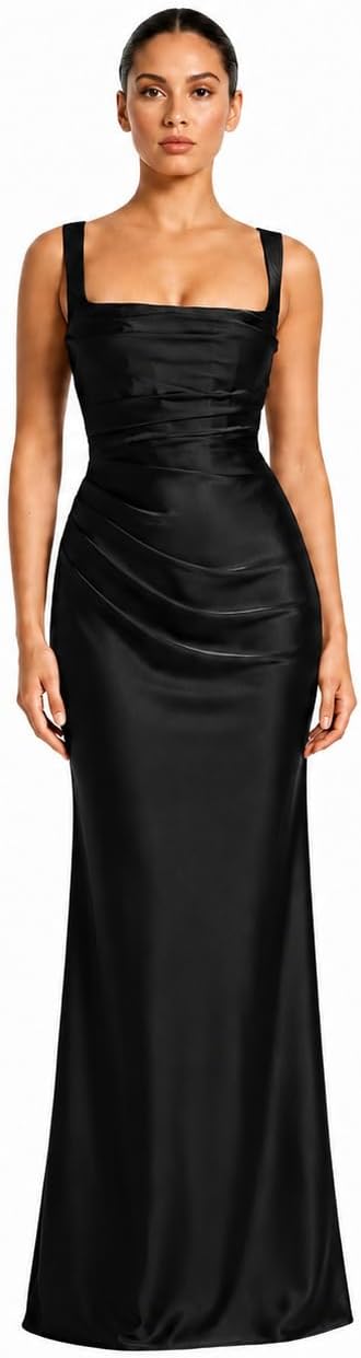 Krumba Women Formal Bodycon Dress: Satin Evening Party Gown | Lace-up Back Ruched Waist Maxi - Square Neck - Smooth Satin-Look Sheen - Wedding Reception Wear - Wedding Prom Cocktail