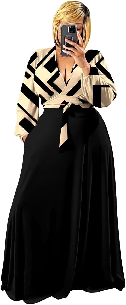 Plus Size Women's 2 Piece Outfits Casual Long Sleeve Wrap Crop Top Maxi Long Dress Flowy Matching Sets