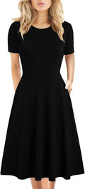 Women's Elegant Knee Length Dresses Vintage Summer Office Casual Floral Print Work Party A-Line Swing Dress with Pockets 162