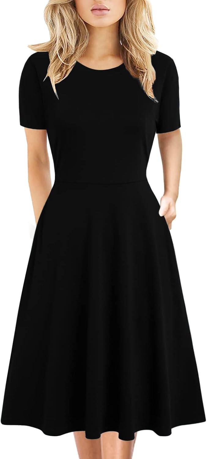 Women's Elegant Knee Length Dresses Vintage Summer Office Casual Floral Print Work Party A-Line Swing Dress with Pockets 162