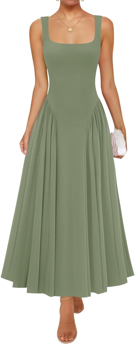 ZESICA Womens Summer Sleeveless Square Neck Vacation Sundress | Casual, A Line, Drop Waist, Beach Flowy, Maxi Dress, Elegant Formal, Wedding Guest, Cocktail Party