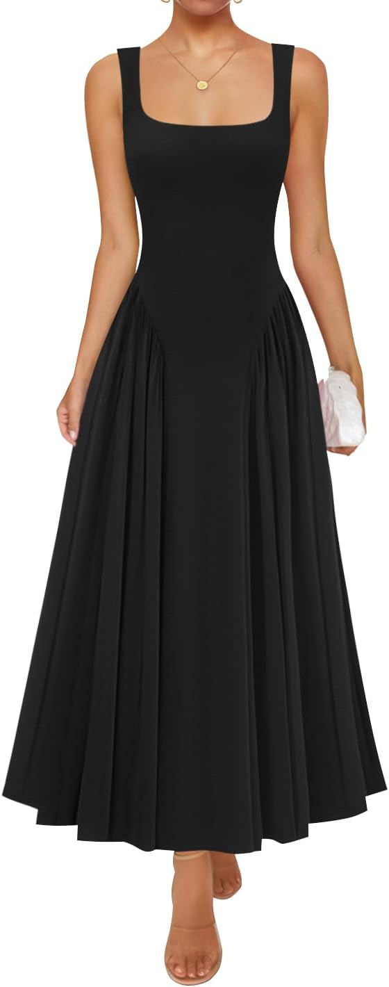 ZESICA Womens Summer Sleeveless Square Neck Vacation Sundress | Casual, A Line, Drop Waist, Beach Flowy, Maxi Dress, Elegant Formal, Wedding Guest, Cocktail Party