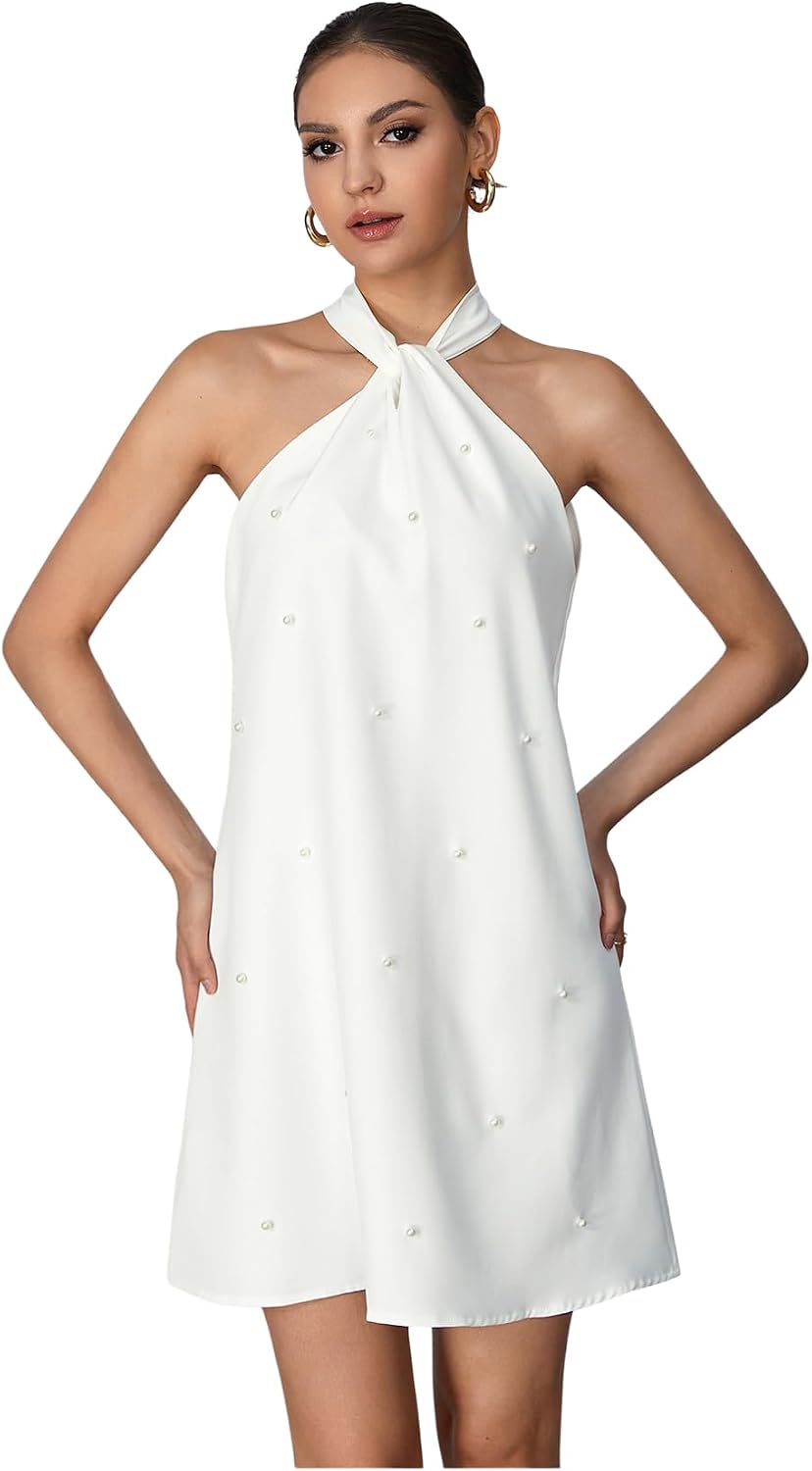 Floerns Women's Pearl Beaded Halter Twist Sleeveless Tie Back Dress | Garden Wedding Guest, Cocktail, Going Out, Pretty A Line, Vacation, Summer, Elegant Casual Outfit