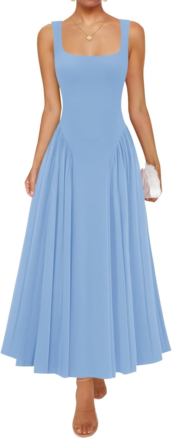 ZESICA Womens Summer Sleeveless Square Neck Vacation Sundress | Casual, A Line, Drop Waist, Beach Flowy, Maxi Dress, Elegant Formal, Wedding Guest, Cocktail Party