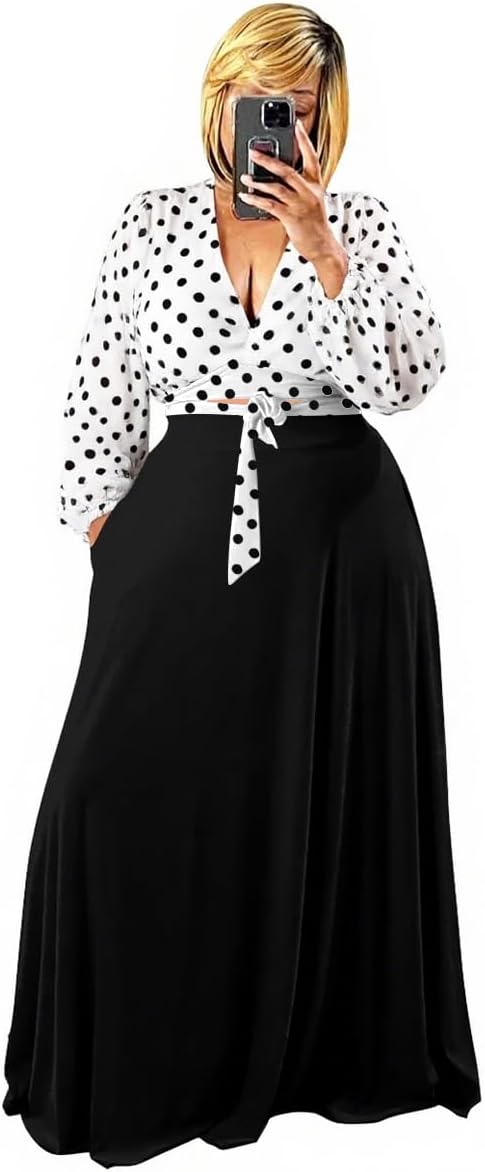 Plus Size Women's 2 Piece Outfits Casual Long Sleeve Wrap Crop Top Maxi Long Dress Flowy Matching Sets