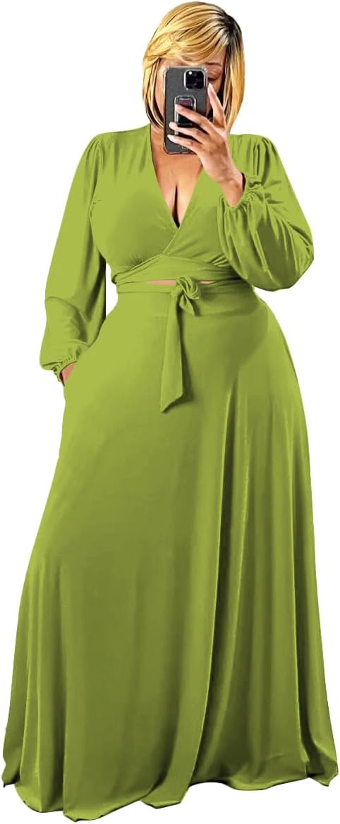 Plus Size Women's 2 Piece Outfits Casual Long Sleeve Wrap Crop Top Maxi Long Dress Flowy Matching Sets