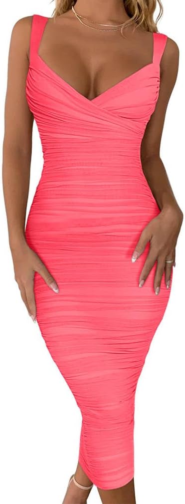 BEAGIMEG Women's Sexy Bodycon Sleeveless Ruched Mesh Club Party Midi Dress