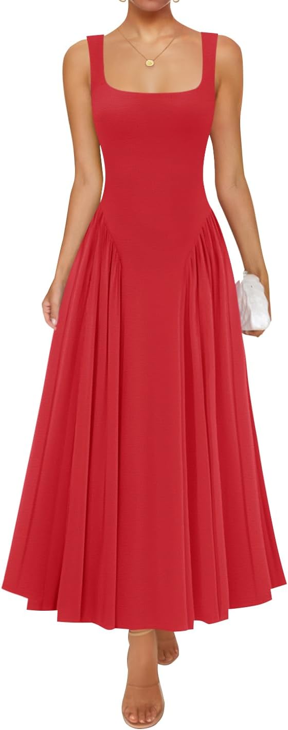 ZESICA Womens Summer Sleeveless Square Neck Vacation Sundress | Casual, A Line, Drop Waist, Beach Flowy, Maxi Dress, Elegant Formal, Wedding Guest, Cocktail Party