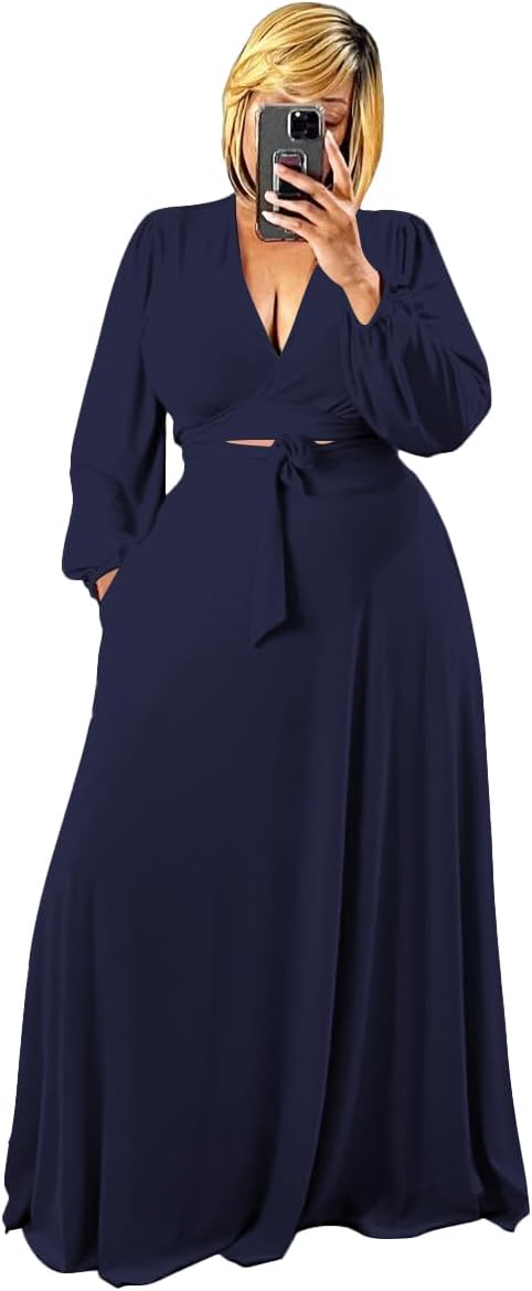 Plus Size Women's 2 Piece Outfits Casual Long Sleeve Wrap Crop Top Maxi Long Dress Flowy Matching Sets