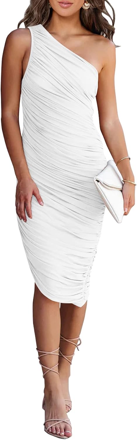 PRETTYGARDEN One Shoulder Midi Dresses for Women Summer | Stretchy Lightweight Mesh, Ruched Asymmetrical, Fitted Bodycon, Elegant Dress for Wedding Guest, Cocktail Party, Date Night