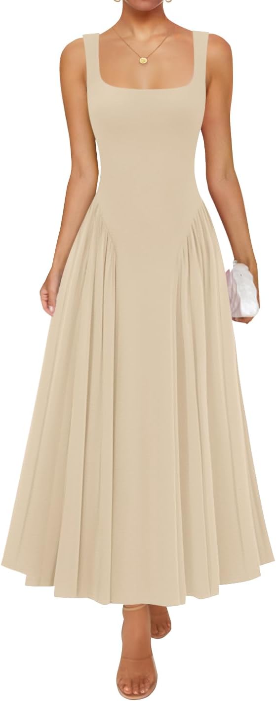 ZESICA Womens Summer Sleeveless Square Neck Vacation Sundress | Casual, A Line, Drop Waist, Beach Flowy, Maxi Dress, Elegant Formal, Wedding Guest, Cocktail Party