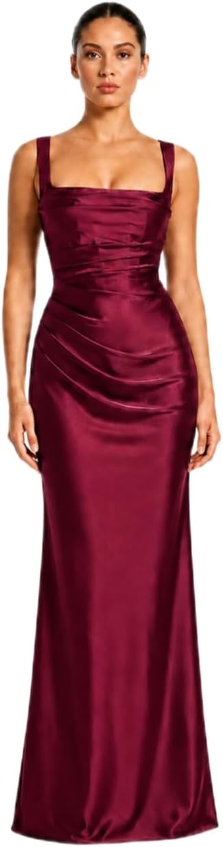 Krumba Women Formal Bodycon Dress: Satin Evening Party Gown | Lace-up Back Ruched Waist Maxi - Square Neck - Smooth Satin-Look Sheen - Wedding Reception Wear - Wedding Prom Cocktail