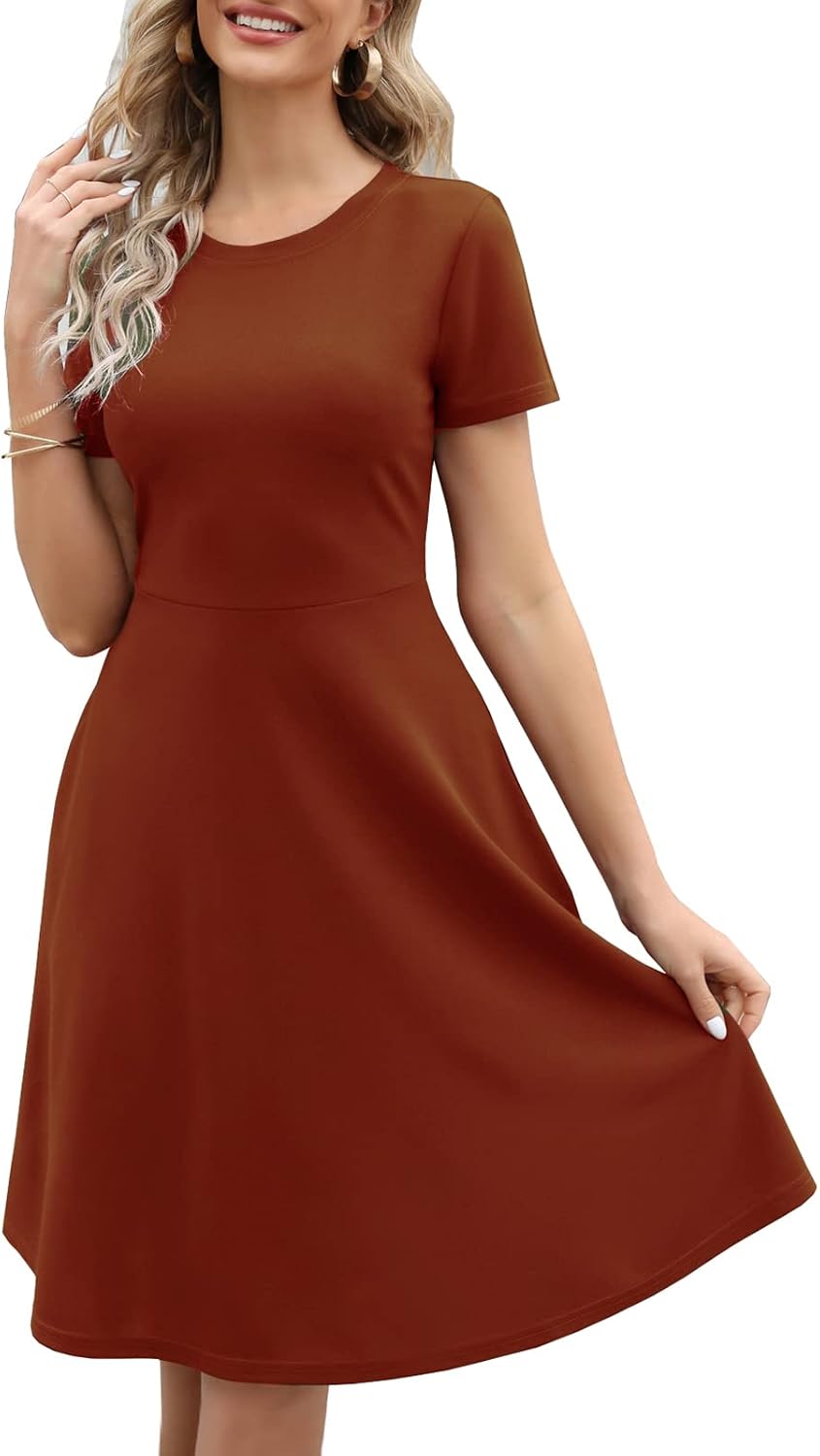 Women's Elegant Knee Length Dresses Vintage Summer Office Casual Floral Print Work Party A-Line Swing Dress with Pockets 162
