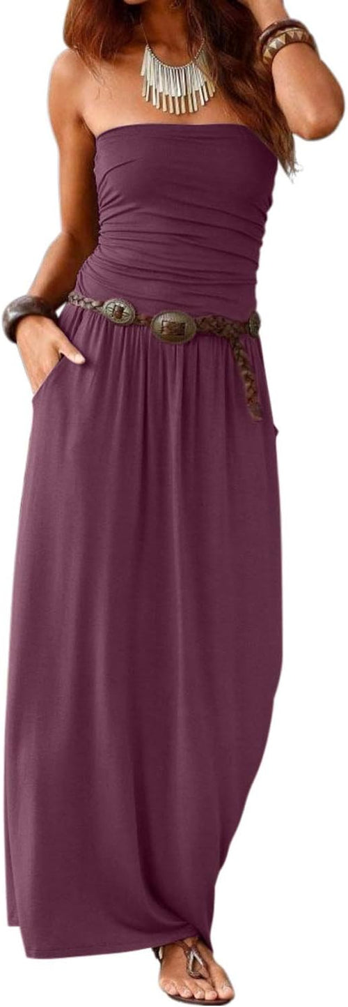 Alaster Queen Women\u2019s Strapless Bandeau Summer Long Floral Dress Off Shoulder Beach Maxi Dress with Pockets
