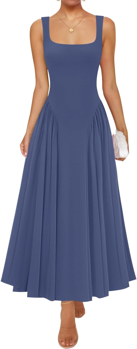 ZESICA Womens Summer Sleeveless Square Neck Vacation Sundress | Casual, A Line, Drop Waist, Beach Flowy, Maxi Dress, Elegant Formal, Wedding Guest, Cocktail Party