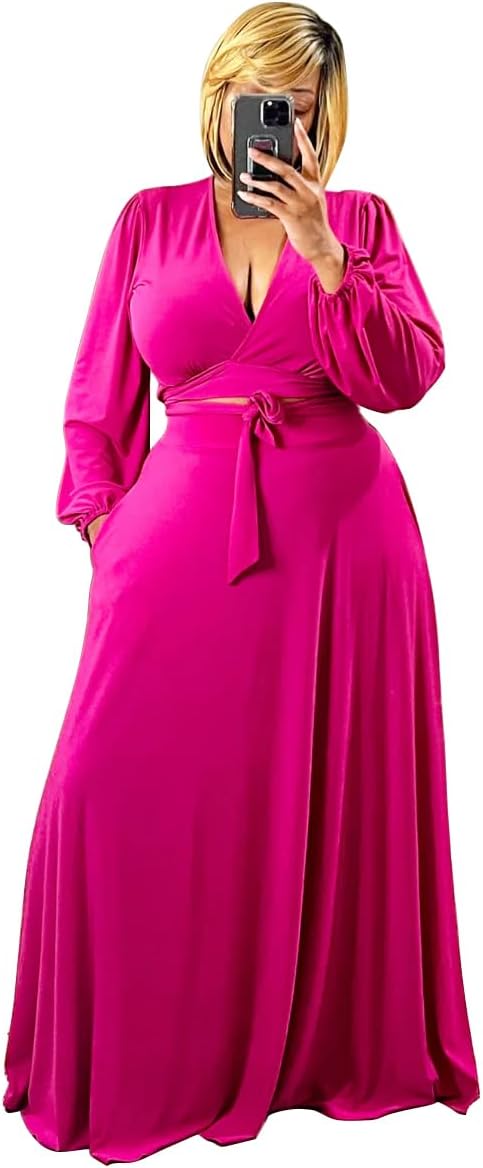 Plus Size Women's 2 Piece Outfits Casual Long Sleeve Wrap Crop Top Maxi Long Dress Flowy Matching Sets