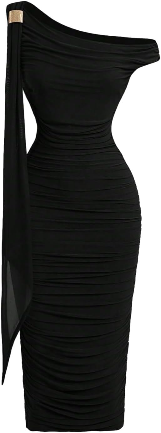 Floerns Women's Elegant Off The Shoulder Midi Dress Metal Sleeveless Ruched Slim Fit Bodycon Party Dresses
