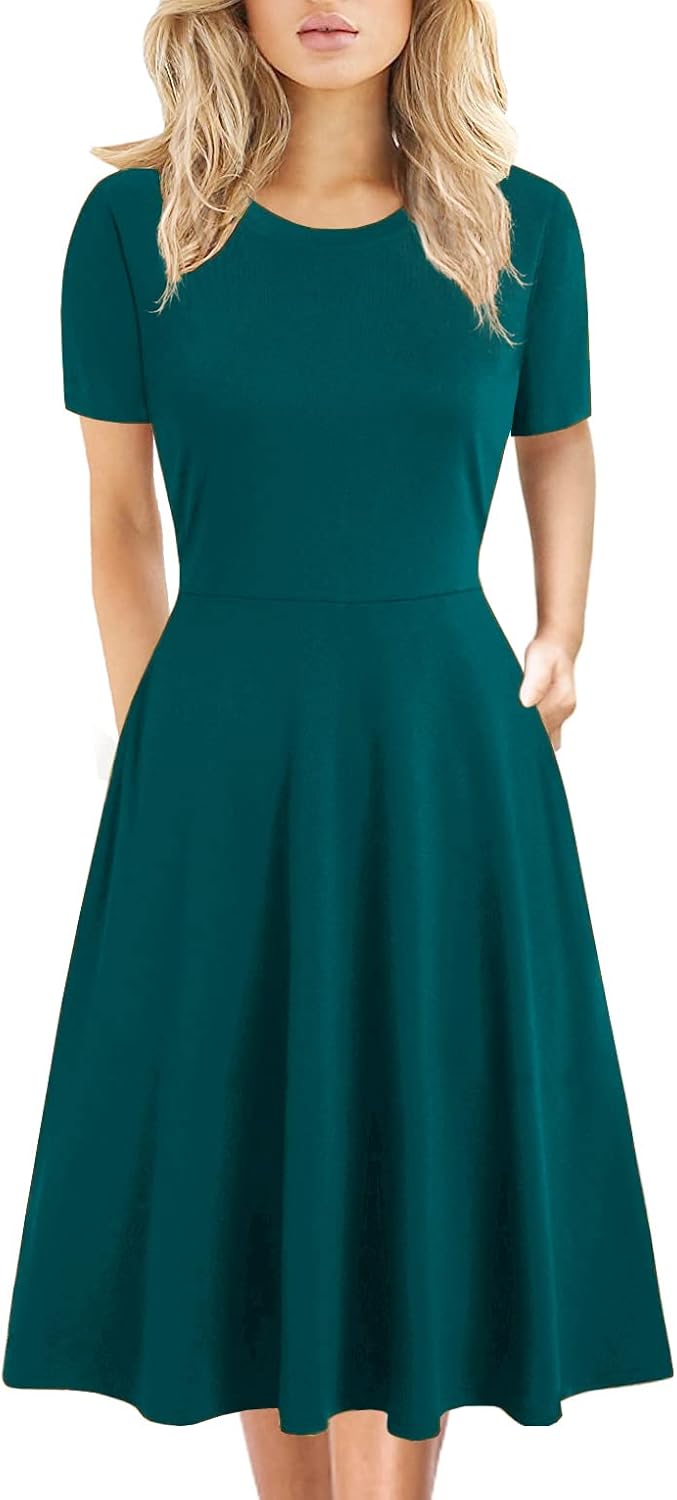 Women's Elegant Knee Length Dresses Vintage Summer Office Casual Floral Print Work Party A-Line Swing Dress with Pockets 162