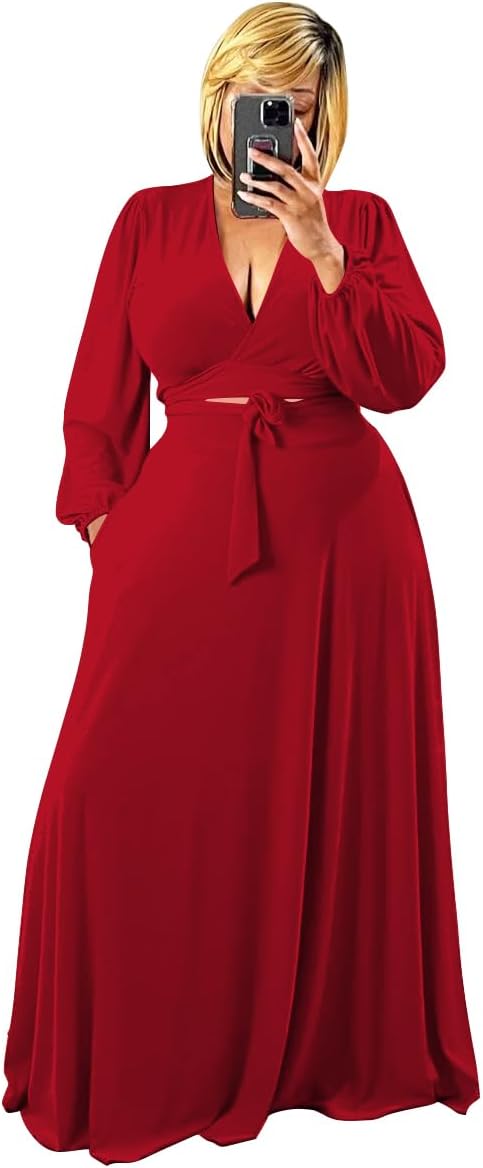 Plus Size Women's 2 Piece Outfits Casual Long Sleeve Wrap Crop Top Maxi Long Dress Flowy Matching Sets