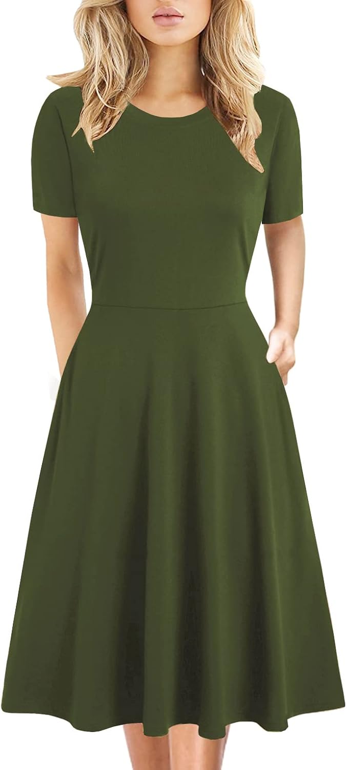 Women's Elegant Knee Length Dresses Vintage Summer Office Casual Floral Print Work Party A-Line Swing Dress with Pockets 162