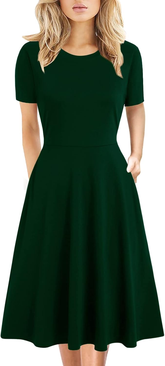 Women's Elegant Knee Length Dresses Vintage Summer Office Casual Floral Print Work Party A-Line Swing Dress with Pockets 162